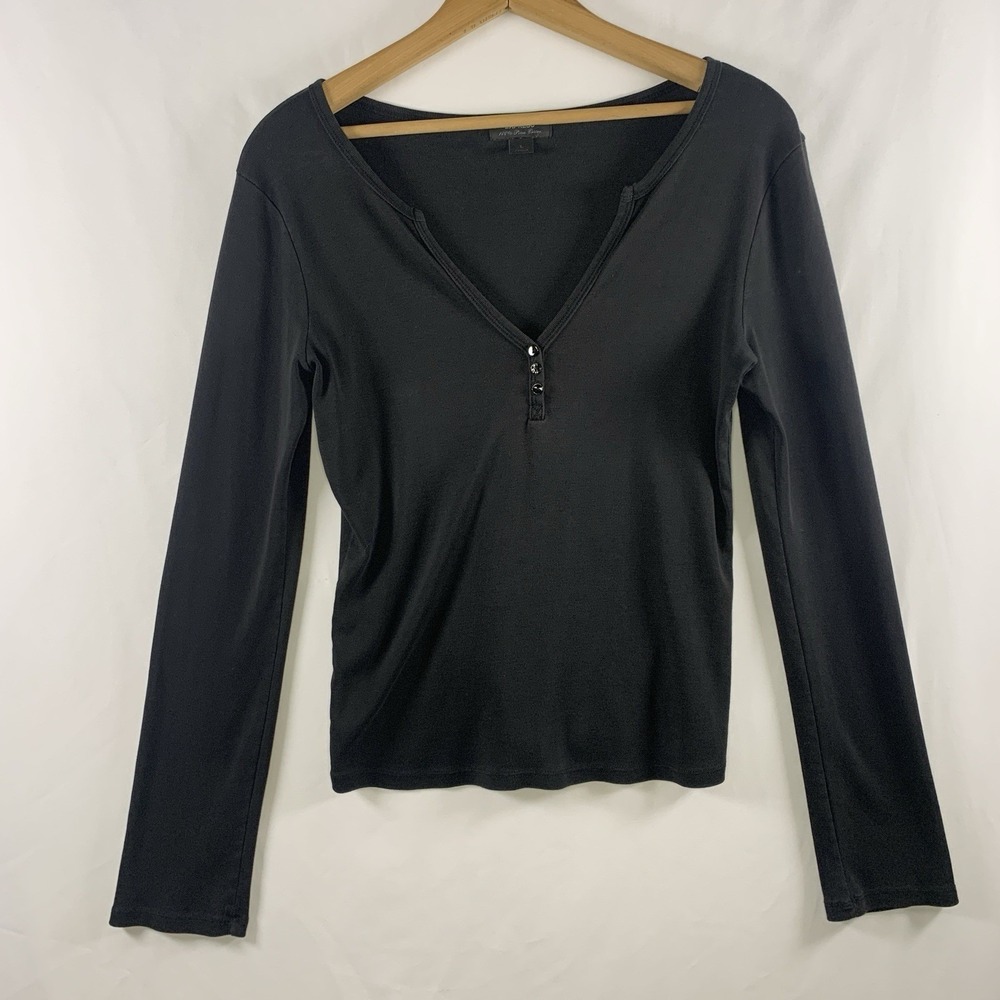 Womens Y2K Fitted Henley Pima Cotton Top Size L Black Bella Elena Stretch 00s